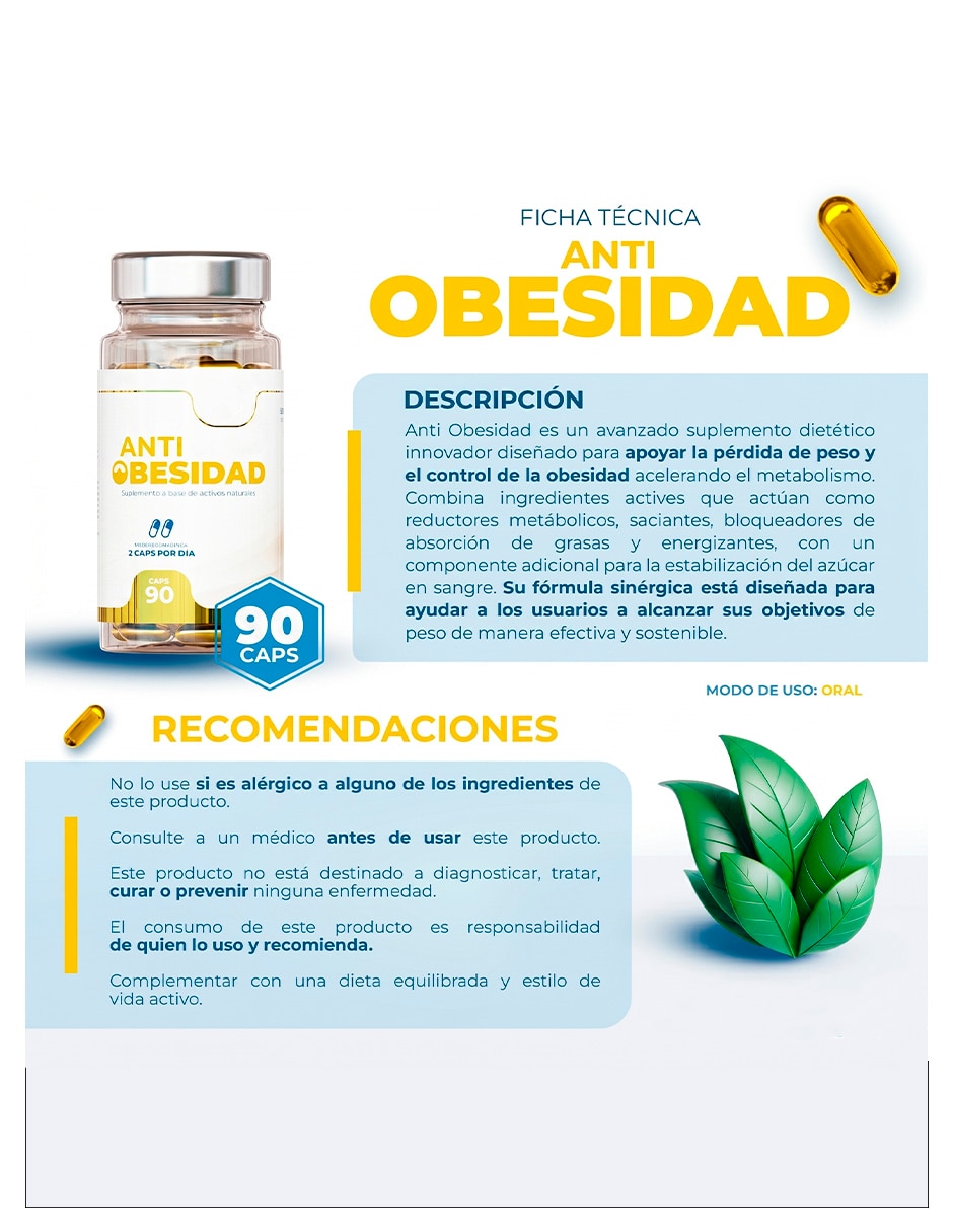 Suplemento alimenticio anti obesidad fórmula inteligente 90 cápsulas generica con cafeína
